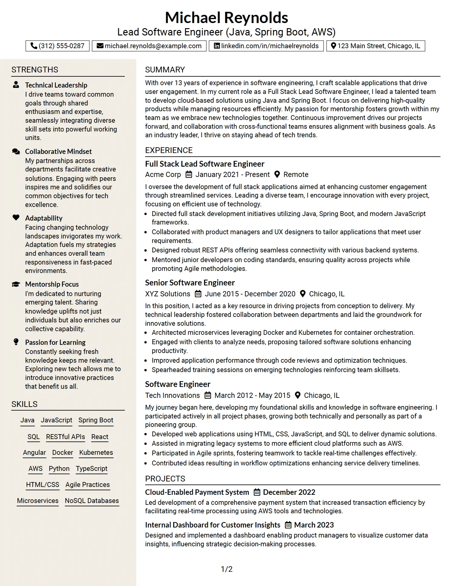 Full Stack Lead Software Engineer Two-Column Resume Example