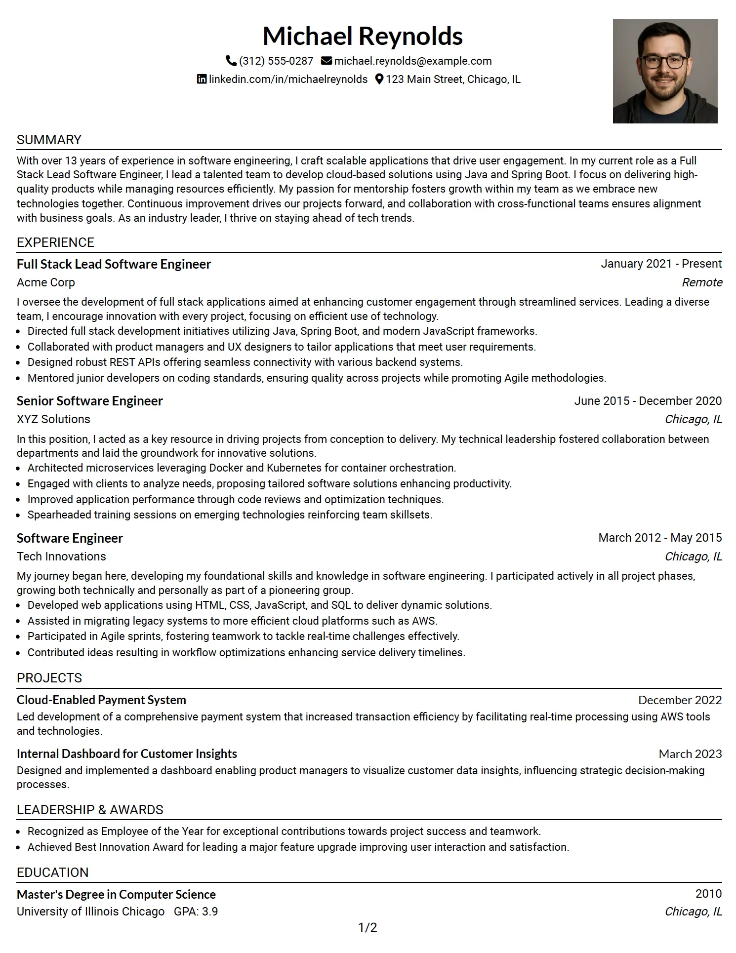 Full Stack Lead Software Engineer One-Column Fang Resume Example (Photo Header)